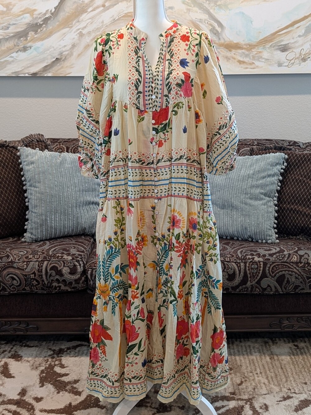 Bohemian Floral Maxi Dress in Cream with Multicolor Print